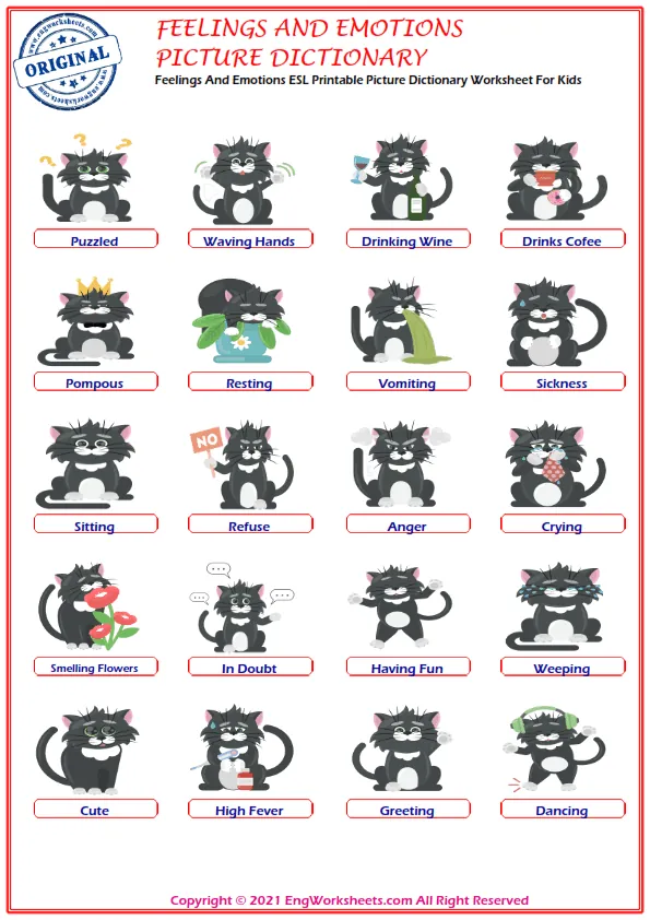 Feelings And Emotions ESL Printable Picture Dictionary Worksheet For Kids Worksheet Preview