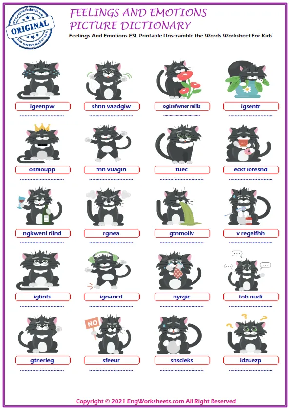 Feelings And Emotions ESL Printable Unscramble the Words Worksheet For Kids
