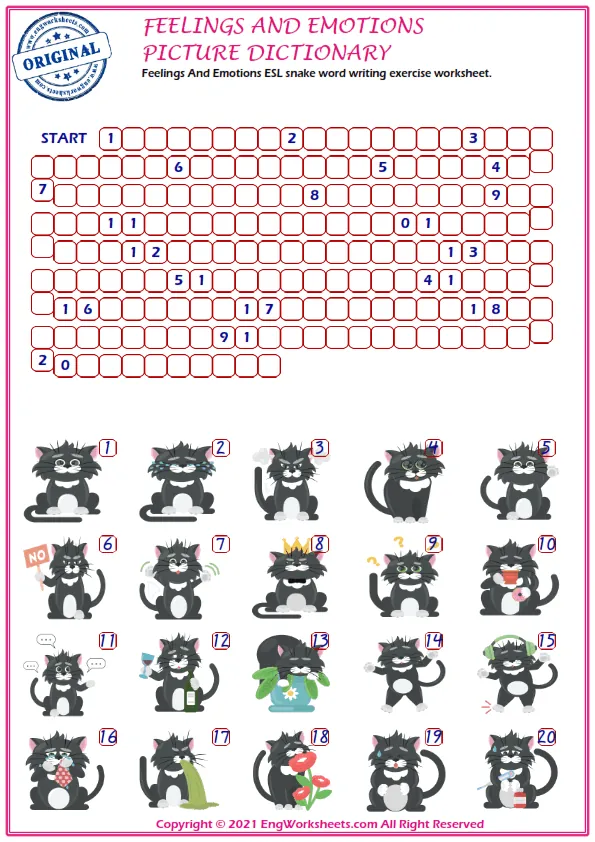 Feelings And Emotions ESL snake word writing exercise worksheet. Worksheet Preview