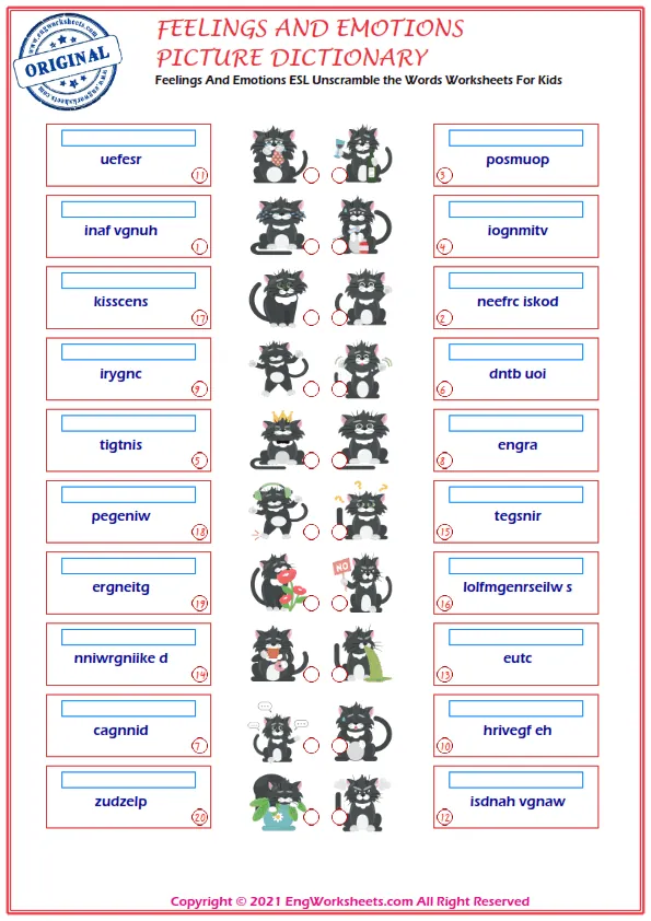 Feelings And Emotions ESL Unscramble the Words Worksheets For Kids