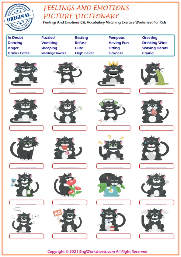 Feelings And Emotions ESL Vocabulary Matching Exercise Worksheet For Kids
