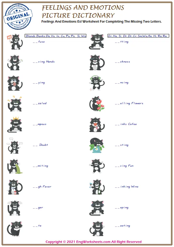 Feelings And Emotions Esl Worksheet For Completing The Missing Two Letters.
