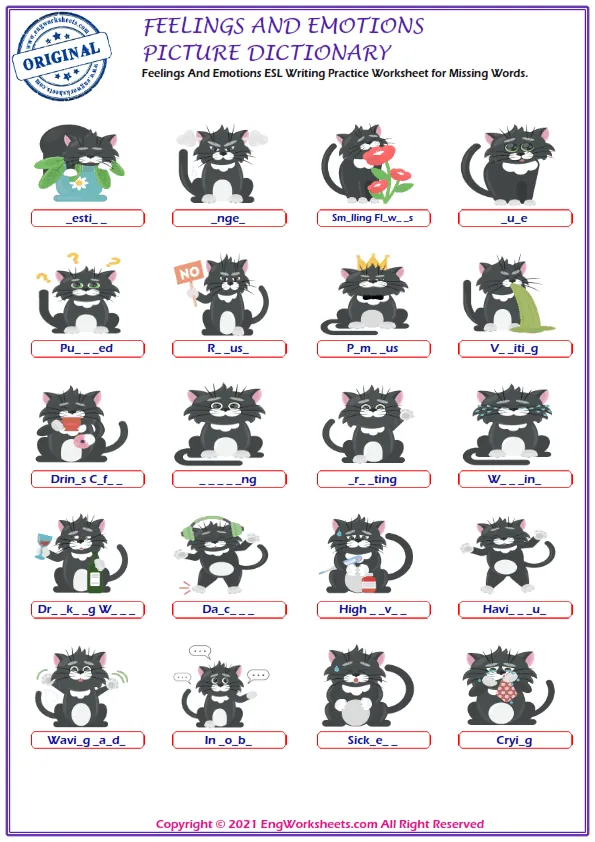 Feelings And Emotions ESL Writing Practice Worksheet for Missing Words.