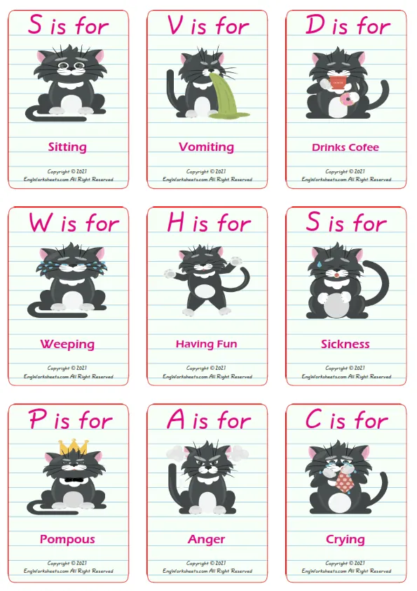 Feelings And Emotions vocabulary worksheet with words, nine images per page
