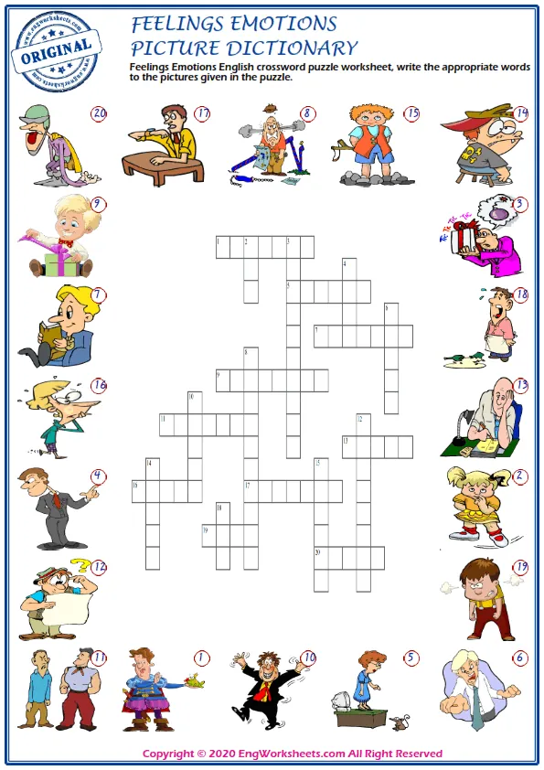 Feelings And Emotions English crossword puzzle worksheet, write the appropriate words to the pictures given in the puzzle. Worksheet Preview