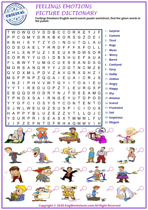 Feelings And Emotions English word search puzzle worksheet, find the given words in the puzzle. Worksheet Preview