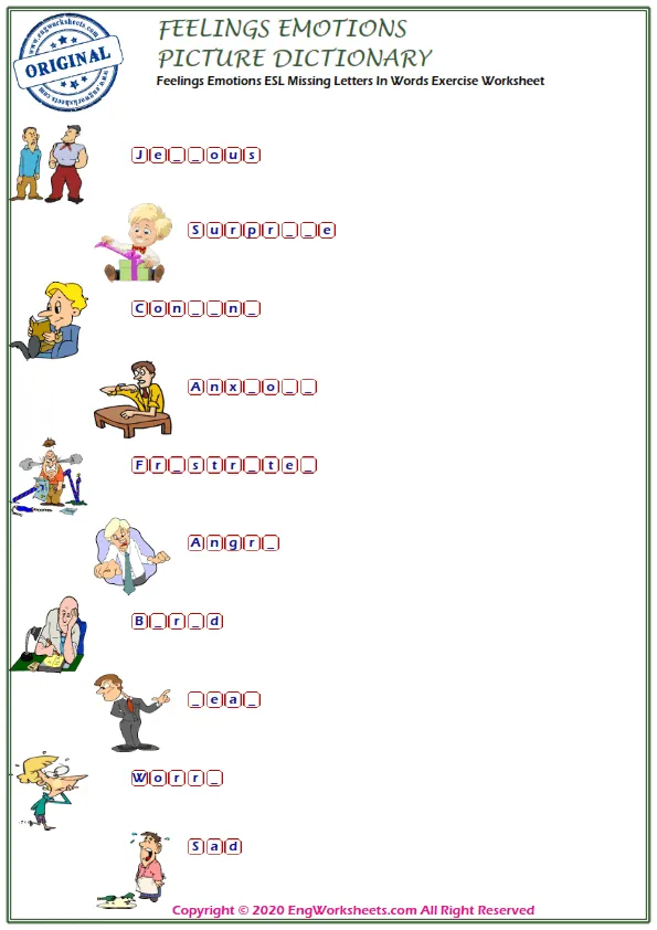 Feelings And Emotions ESL Missing Letters In Words Exercise Worksheet Worksheet Preview