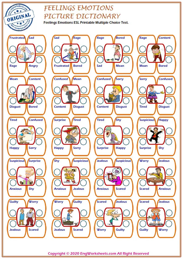 Feelings And Emotions ESL Printable Multiple Choice Test. Worksheet Preview