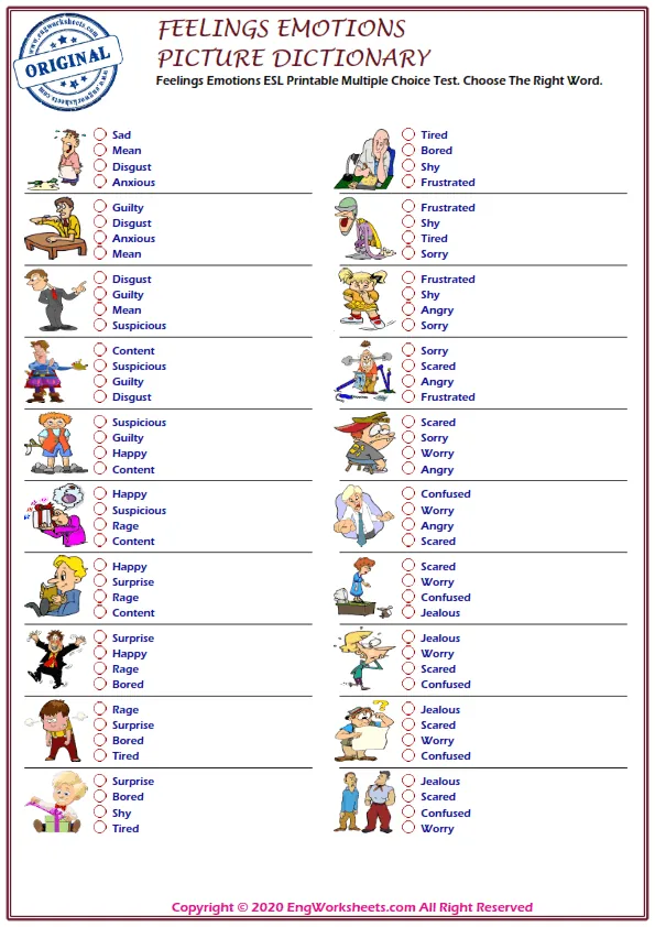 Feelings And Emotions ESL Printable Multiple Choice Test. Choose The Right Word. Worksheet Preview