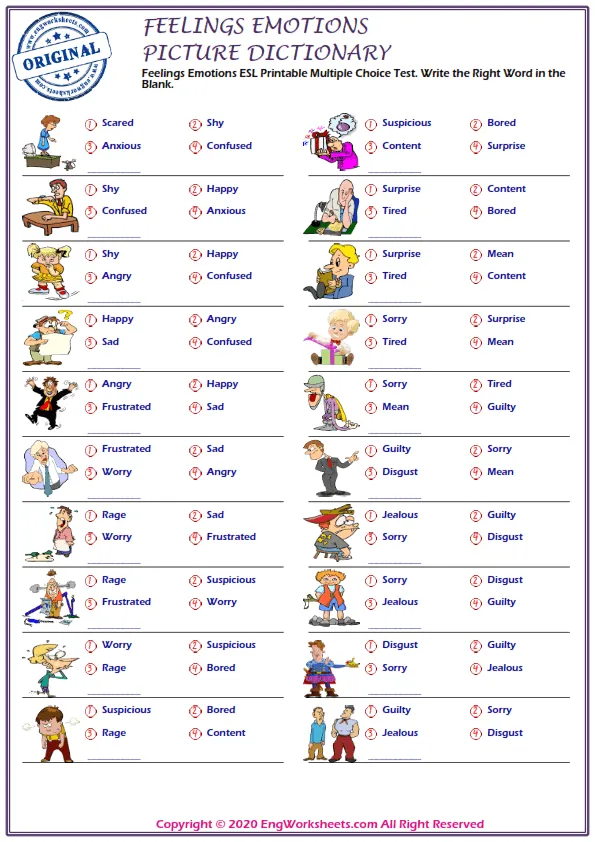Feelings And Emotions ESL Printable Multiple Choice Test. Write the Right Word in the Blank. Worksheet Preview