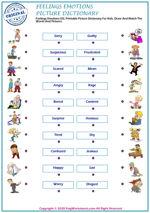 Feelings And Emotions ESL Printable Picture Dictionary For Kids. Draw And Match The Words And Pictures. Worksheet Preview