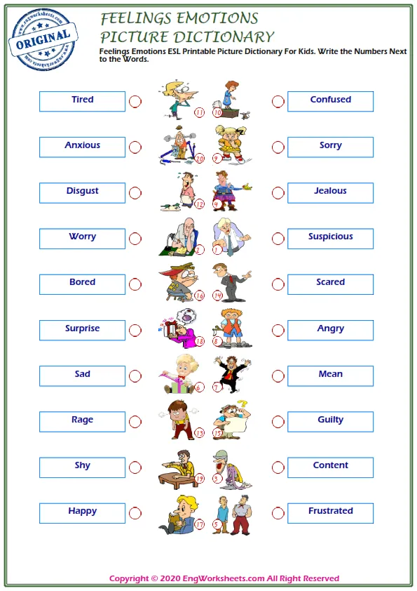Feelings And Emotions ESL Printable Picture Dictionary For Kids. Write the Numbers Next to the Words. Worksheet Preview