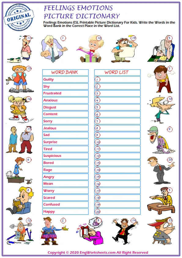 Feelings And Emotions ESL Printable Picture Dictionary For Kids. Write the Words in the Word Bank in the Correct Place in the Word List. Worksheet Preview