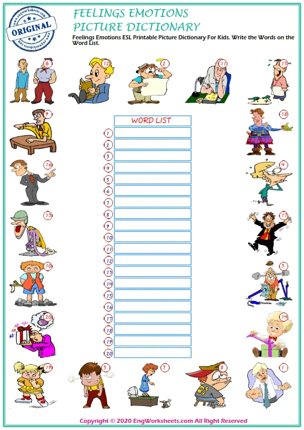 Feelings And Emotions ESL Printable Picture Dictionary For Kids. Write the Words on the Word List. Worksheet Preview
