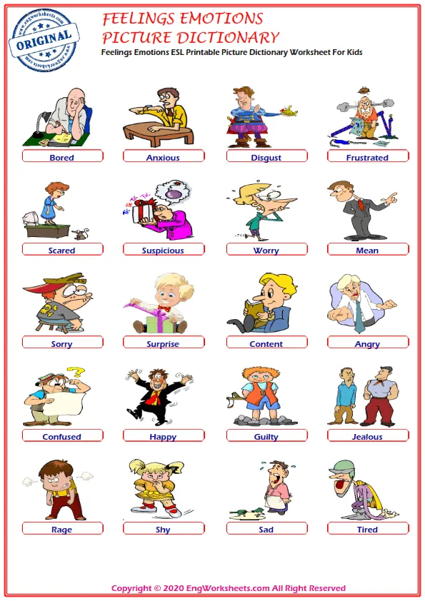 Feelings And Emotions ESL Printable Picture Dictionary Worksheet For Kids Worksheet Preview