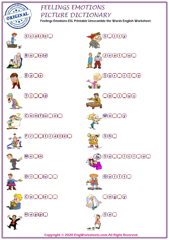 Feelings And Emotions ESL Printable Unscramble the Words English Worksheet. Worksheet Preview
