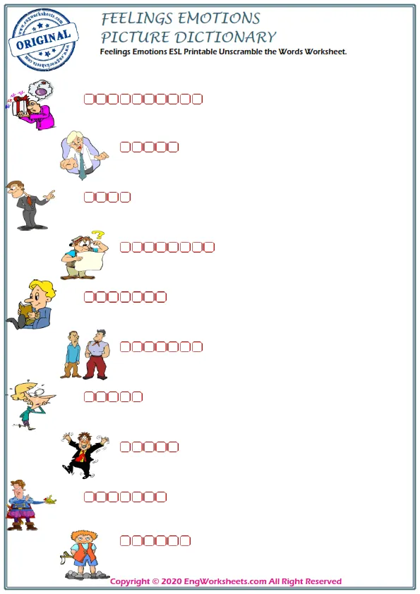 Feelings And Emotions ESL Printable Unscramble the Words Worksheet. Worksheet Preview