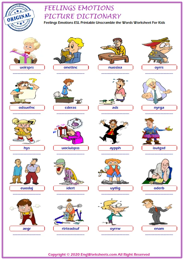 Feelings And Emotions ESL Printable Unscramble the Words Worksheet For Kids Worksheet Preview