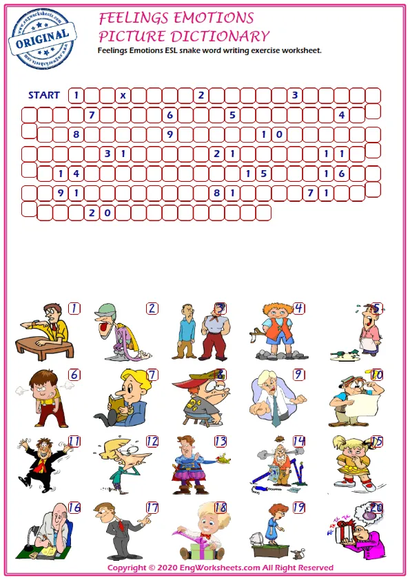 Feelings And Emotions ESL snake word writing exercise worksheet. Worksheet Preview