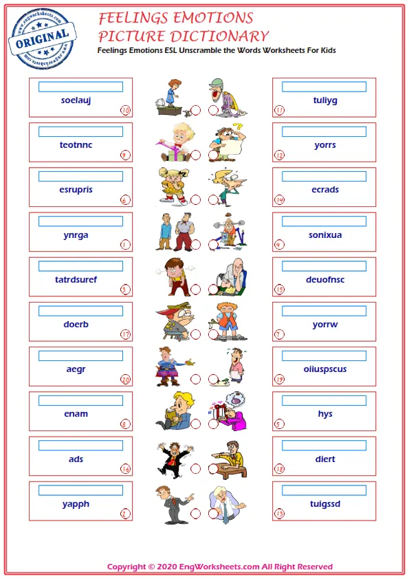 Feelings And Emotions ESL Unscramble the Words Worksheets For Kids Worksheet Preview