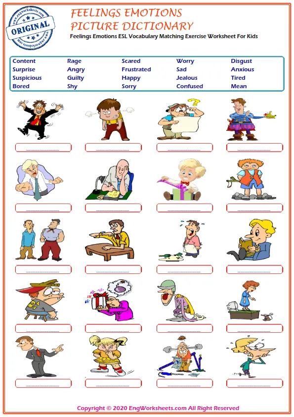 Feelings And Emotions ESL Vocabulary Matching Exercise Worksheet For Kids Worksheet Preview