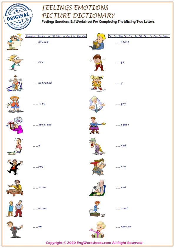 Feelings And Emotions Esl Worksheet For Completing The Missing Two Letters. Worksheet Preview