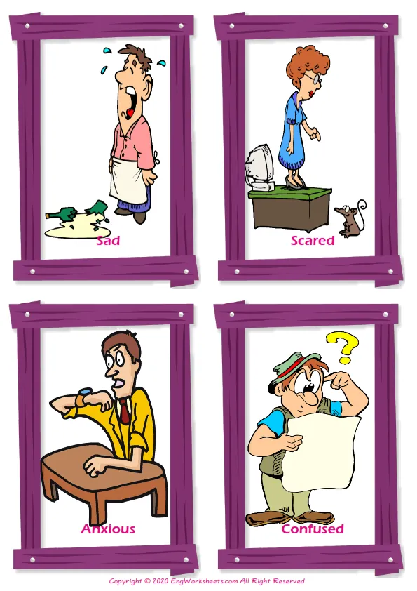 Feelings And Emotions vocabulary worksheet with words, four images per page Worksheet Preview