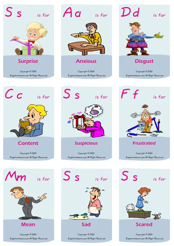 Feelings And Emotions vocabulary worksheet with words, nine images per page Worksheet Preview