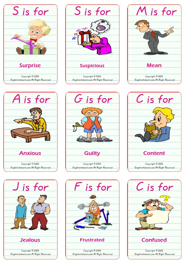 Feelings And Emotions vocabulary worksheet with words, nine images per page Worksheet Preview