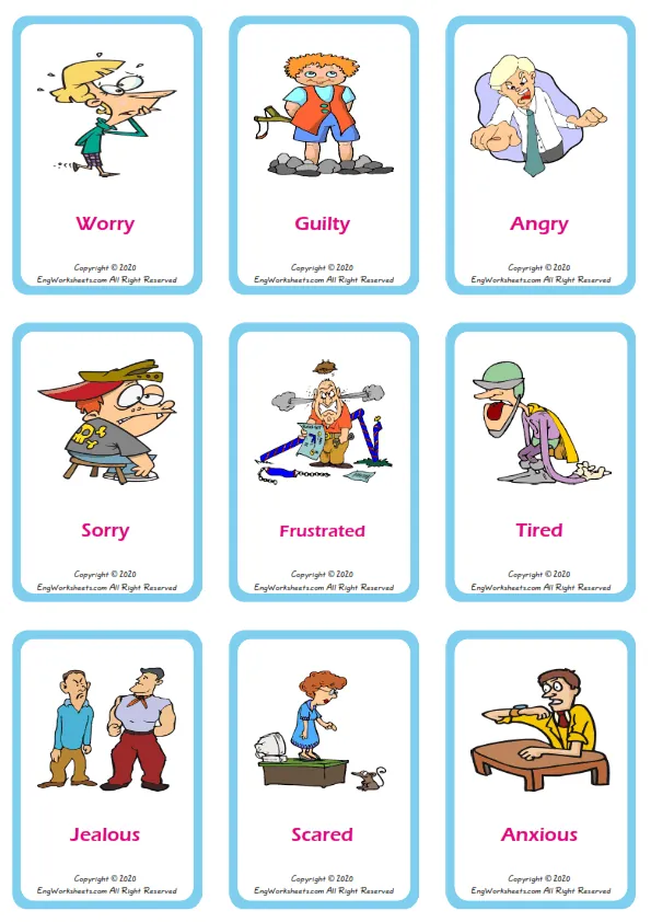 Feelings And Emotions vocabulary worksheet with words, nine images per page Worksheet Preview