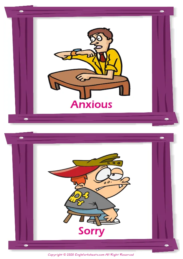 Feelings And Emotions vocabulary worksheet with words, two images per page Worksheet Preview