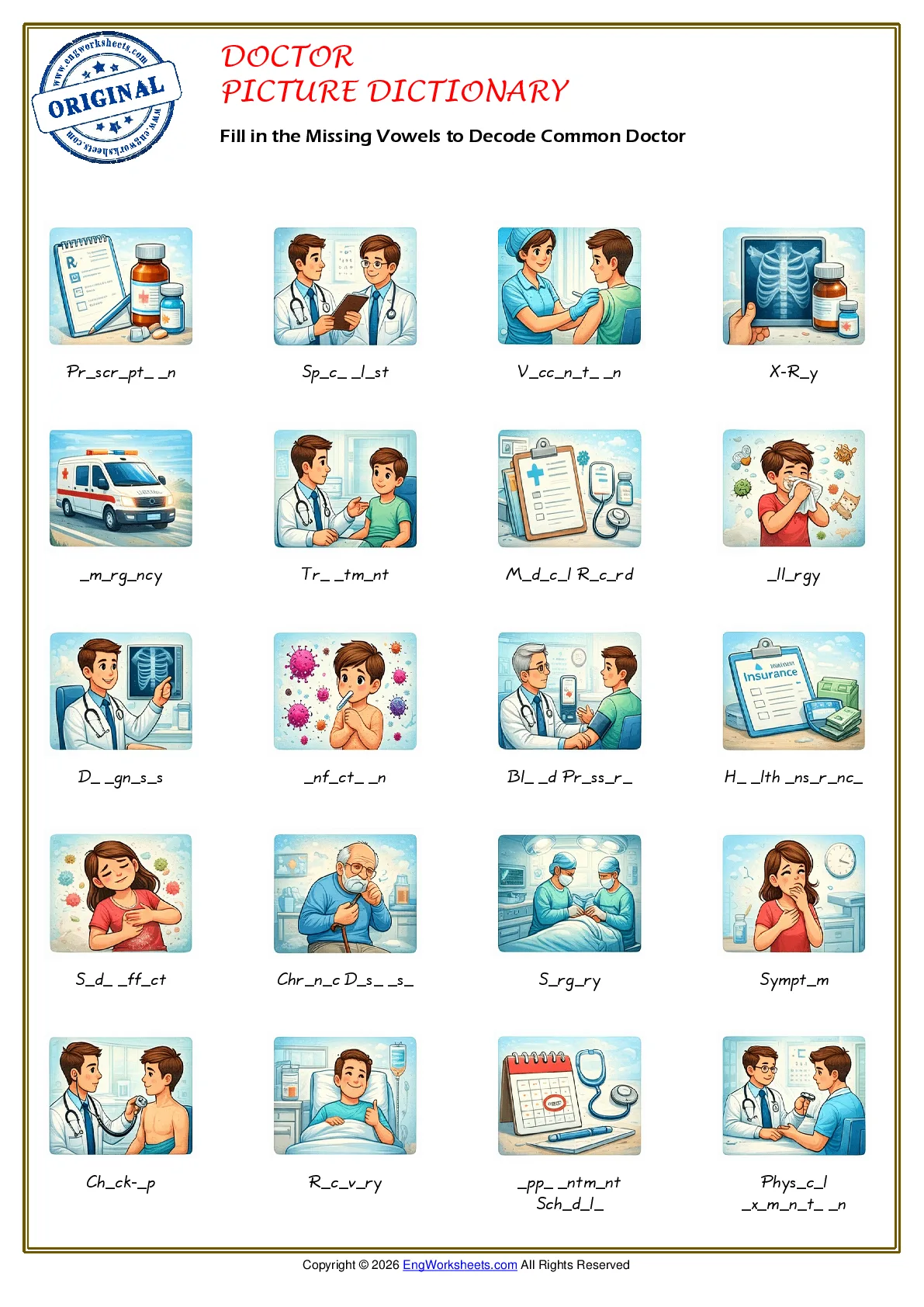 Fill in the Missing Vowels to Decode Common Doctor Worksheet Preview