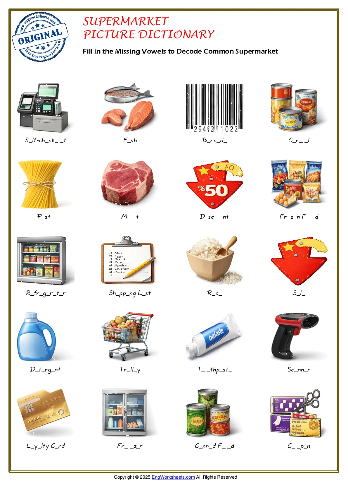 Fill in the Missing Vowels to Decode Common Supermarket Worksheet Preview