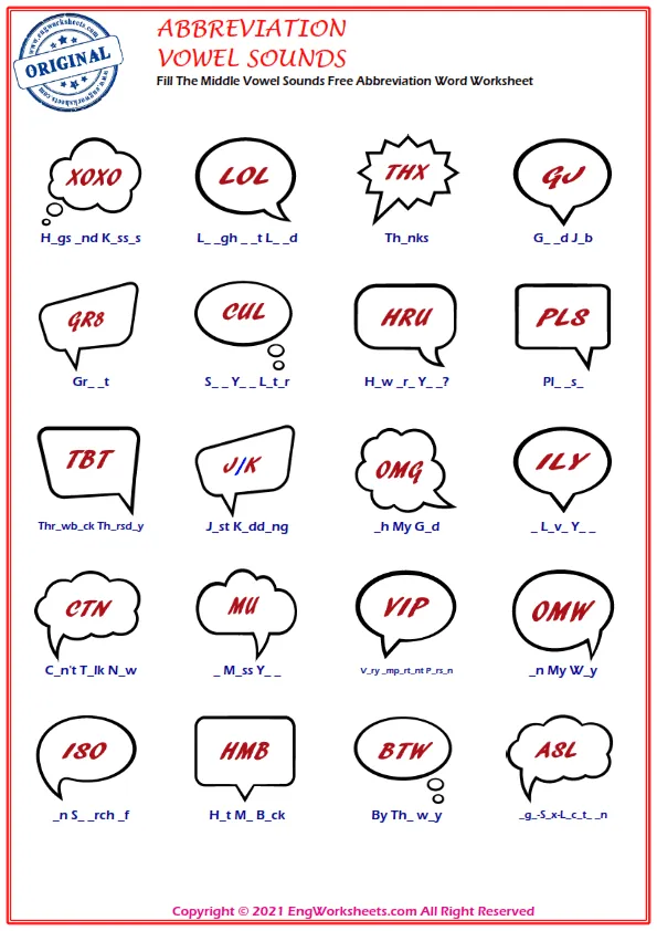 Fill The Middle Vowel Sounds Free Abbreviation Word Worksheet