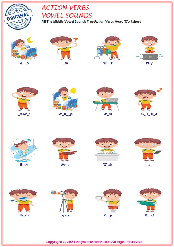 Fill The Middle Vowel Sounds Free Action Verbs Word Worksheet