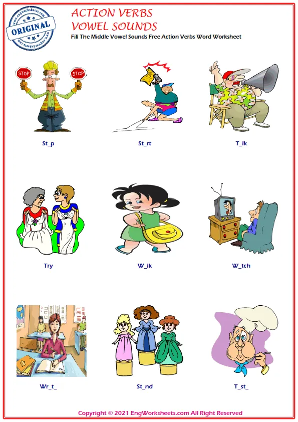 Fill The Middle Vowel Sounds Free Action Verbs Word Worksheet