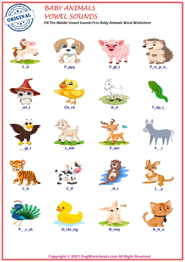 Fill The Middle Vowel Sounds Free Baby Animals Word Worksheet