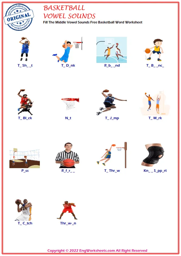 Fill The Middle Vowel Sounds Free Basketball Word Worksheet