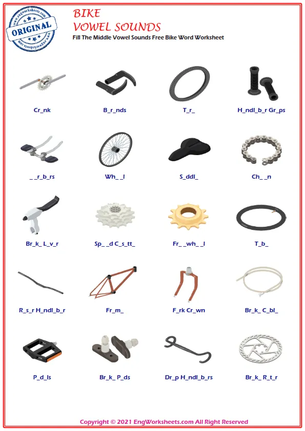 Fill The Middle Vowel Sounds Free Bike Word Worksheet