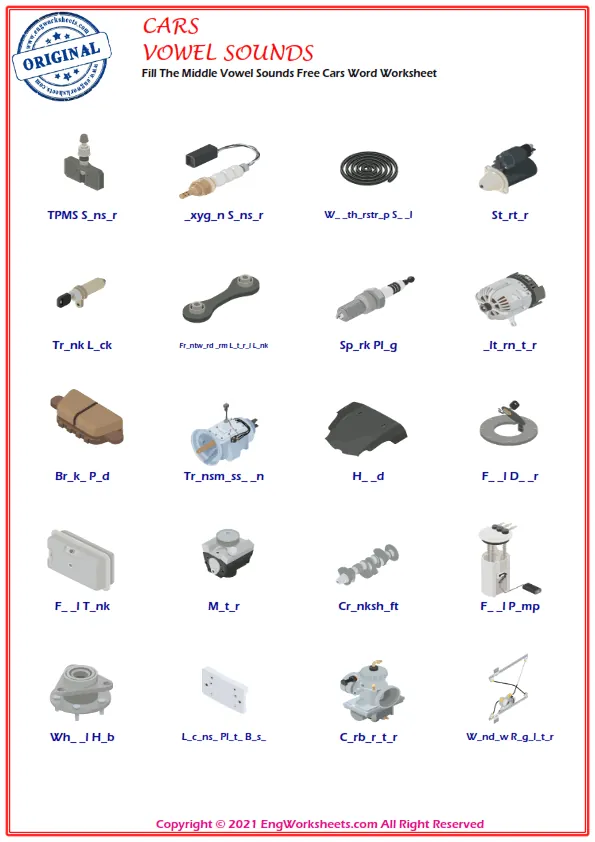 Fill The Middle Vowel Sounds Free Cars Word Worksheet Worksheet Preview