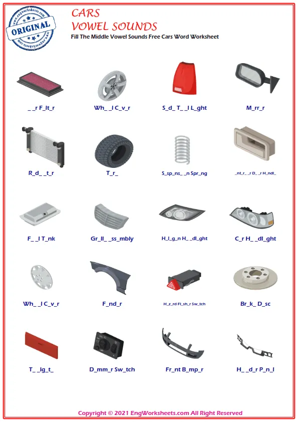 Fill The Middle Vowel Sounds Free Cars Word Worksheet