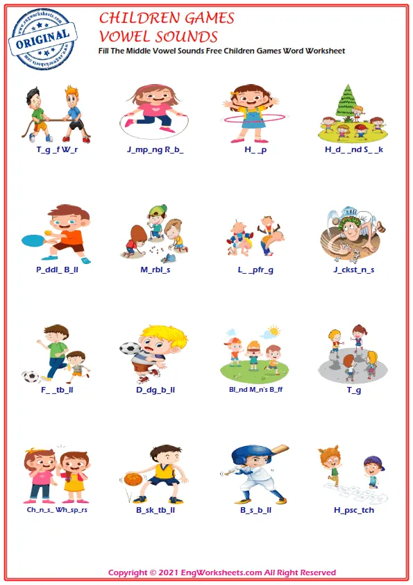 Fill The Middle Vowel Sounds Free Children Games Word Worksheet Worksheet Preview