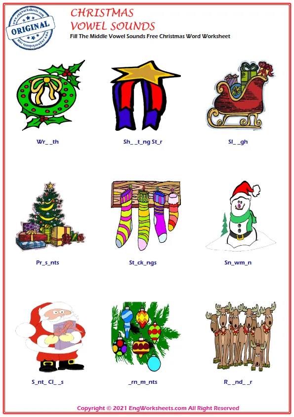 Fill The Middle Vowel Sounds Free Christmas Word Worksheet
