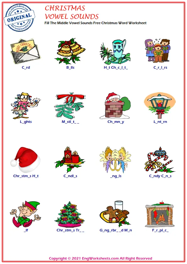 Fill The Middle Vowel Sounds Free Christmas Word Worksheet