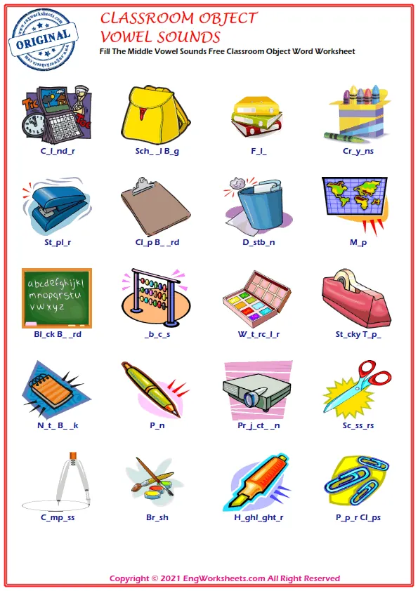 Fill The Middle Vowel Sounds Free Classroom Objects Word Worksheet