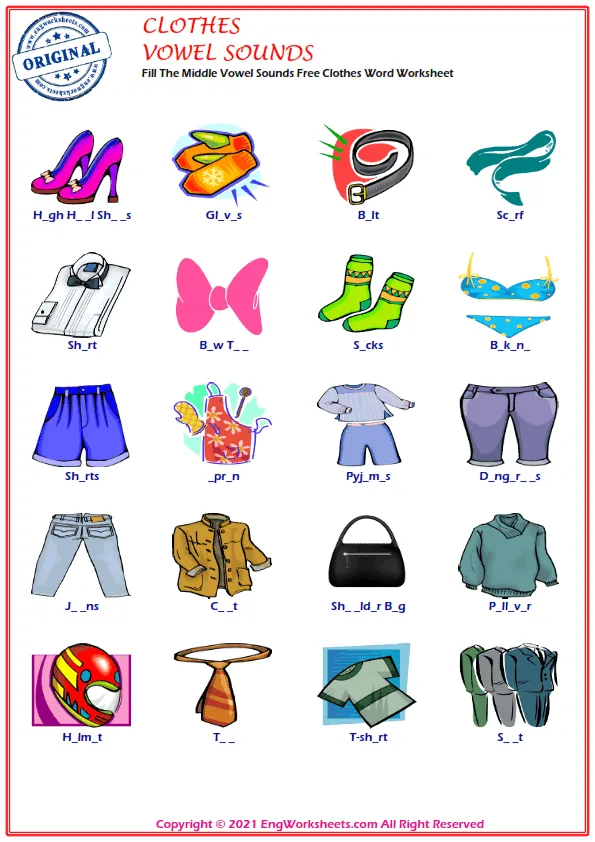 Fill The Middle Vowel Sounds Free Clothes Word Worksheet