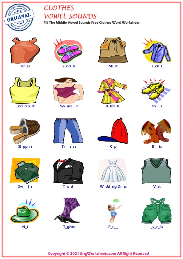 Fill The Middle Vowel Sounds Free Clothes Word Worksheet Worksheet Preview