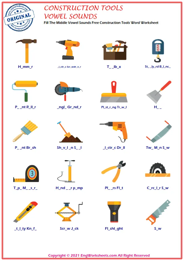 Fill The Middle Vowel Sounds Free Construction Tools Word Worksheet Worksheet Preview