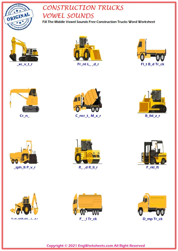 Fill The Middle Vowel Sounds Free Construction Trucks Word Worksheet