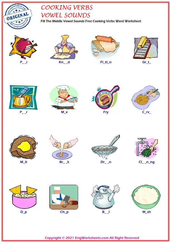 Fill The Middle Vowel Sounds Free Cooking Verbs Word Worksheet